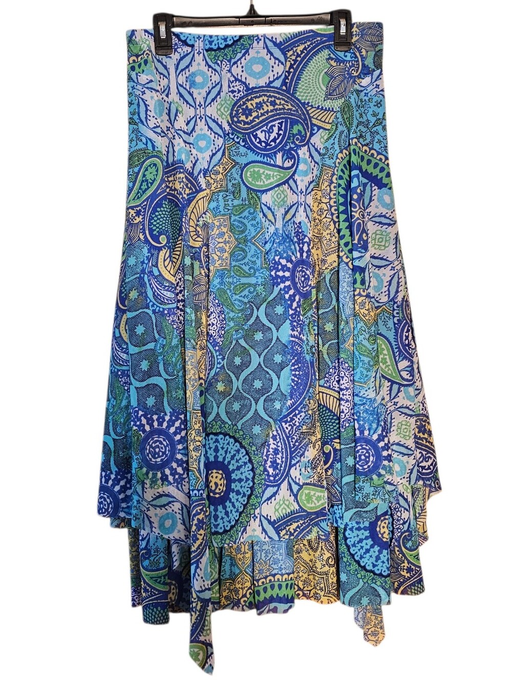 Chico’s Paisley Print Midi Skirt Women’s Size 1 Blue Green Flowy Boho